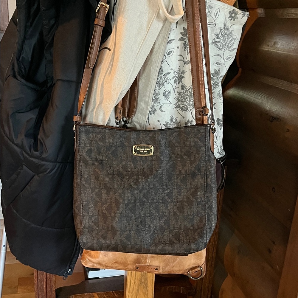 Michael Kors Brown and Tan Monogram Messenger Bag